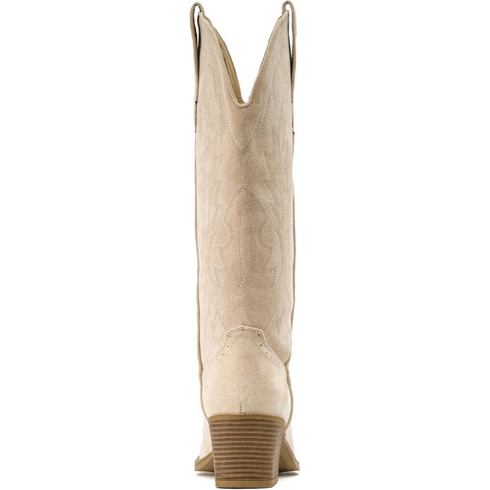 Women Camel Chunky Heel Pointed Toe Cowgirl Mid Calf Embroidery Western Boots - Picture 6 of 6